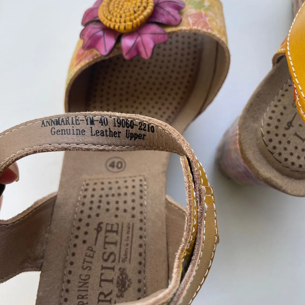 L'ATISTE Yellow Floral Leather Wedge Sandals with Pink Flower Accent